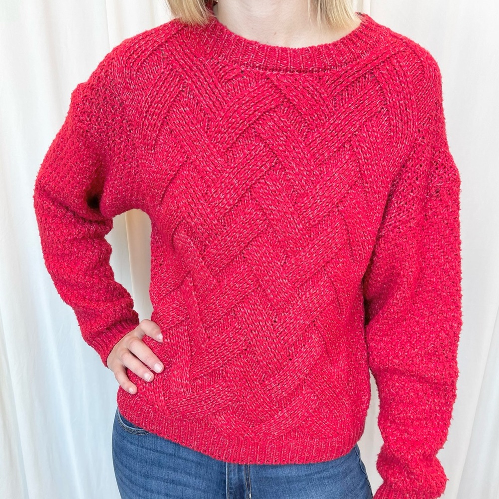 Red Basket Weave Knit and Puff Sleeve Sweater - Medium and Large